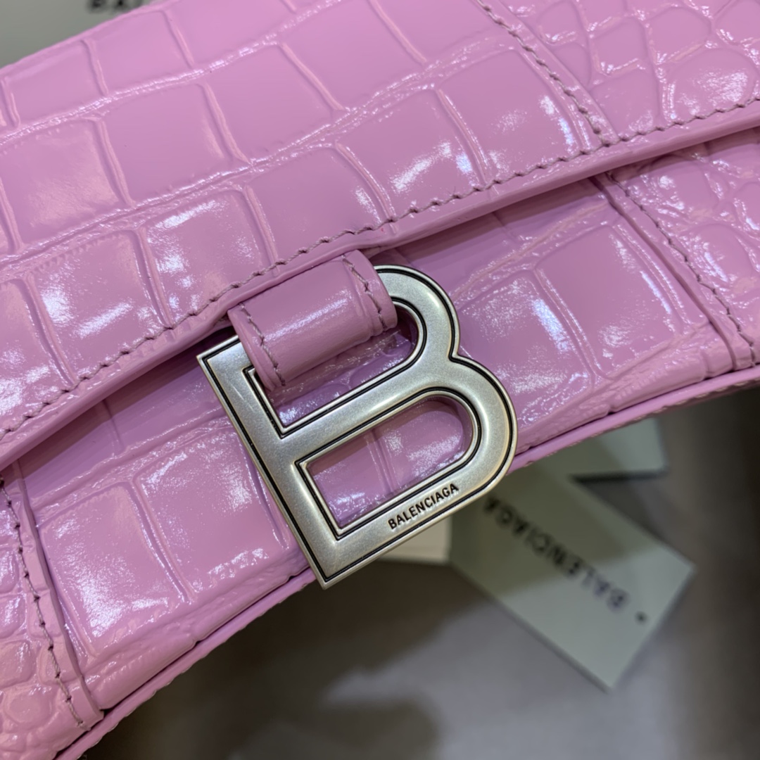 Balenciaga Hourglass XS Handbag Crocodile Embossed Shoulder Bag Pink Purple